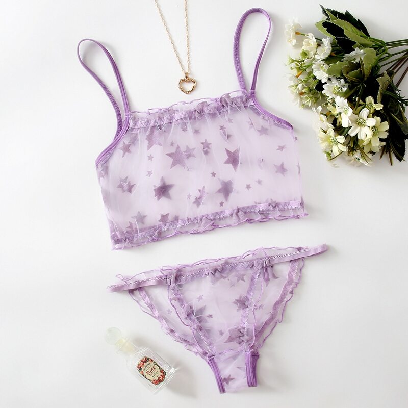 

Star Print Frill Trim Lingerie Set, Lilac purple