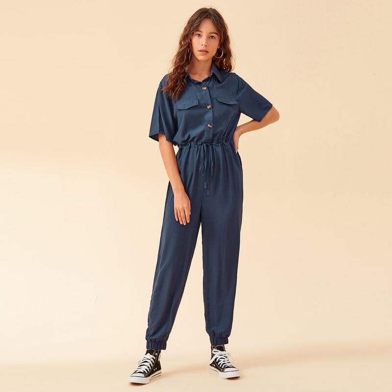 

Solid Drawstring Waist Shirt Jumpsuit Without Bag, Navy blue