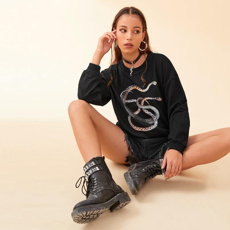

Snake Print Drop Shoulder Sweatshirt, Black