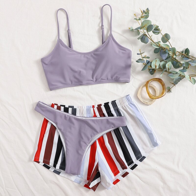 

Solid Cami Bikini Swimsuit & Stripe Shorts, Multicolor