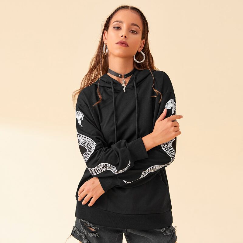 

Snake Print Kangaroo Pocket Hoodie, Black