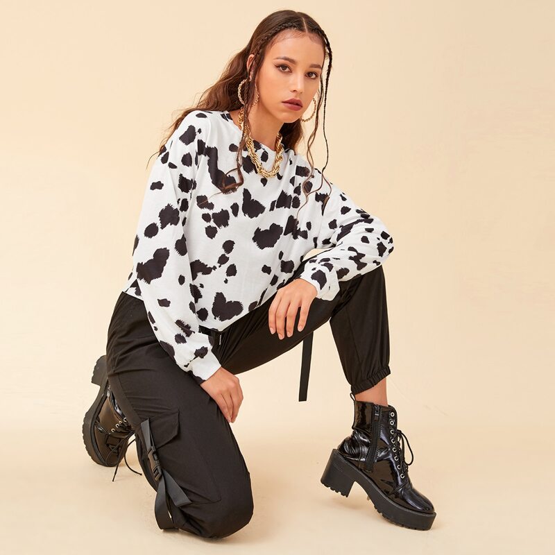 

Drop Shoulder Allover Print Sweatshirt, Black and white