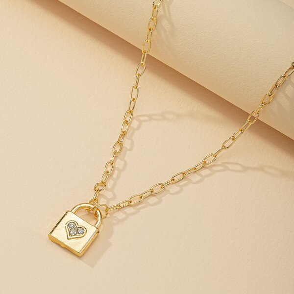 

Rhinestone Decor Lock Charm Necklace, Gold