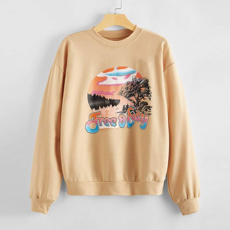 

Slogan Graphic Oversized Pullover Sweatshirt, Khaki