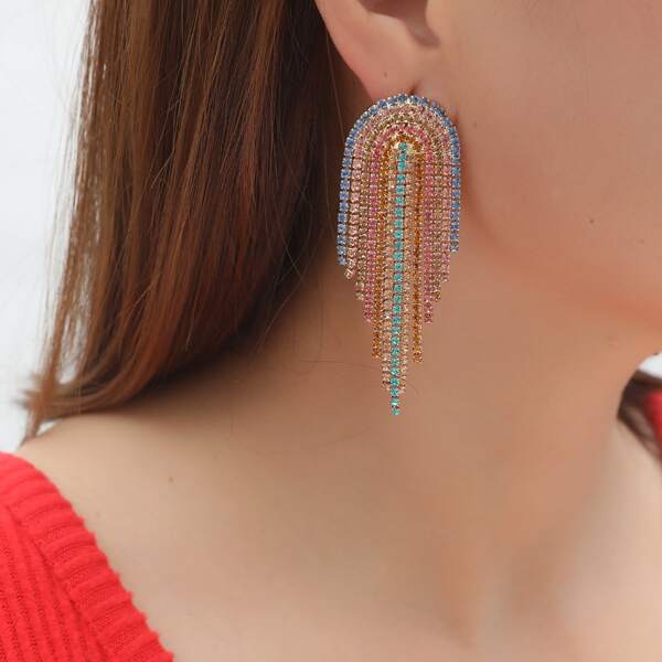 

Colorful Rhinestone Tassel Drop Earrings, Multicolor
