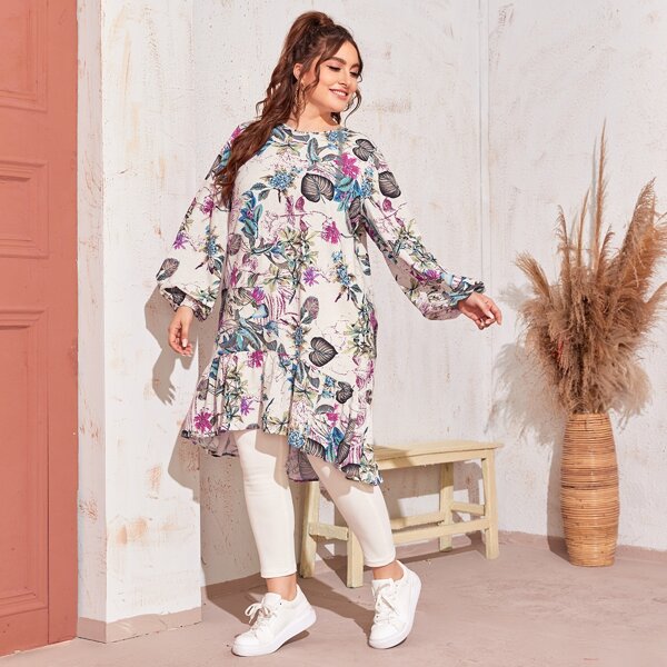 

Plus Botanical Print Lantern Sleeve Flounce Hem Longline Top, Multicolor