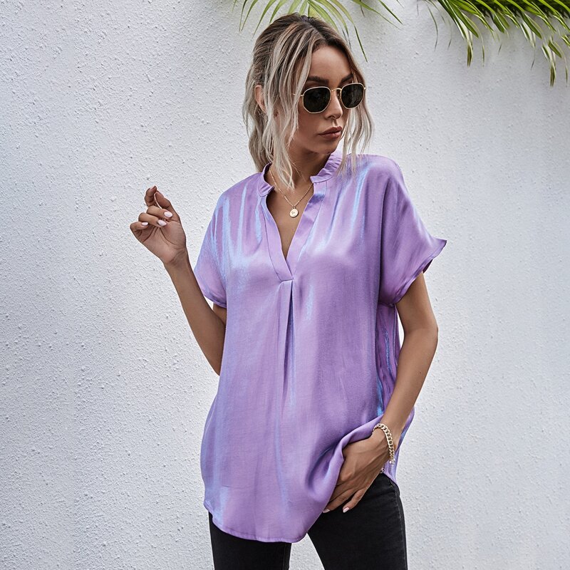 

Notch Neck Metallic Tunic Blouse, Lilac purple