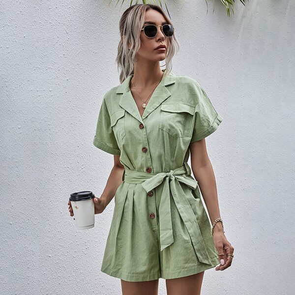 

Flap Pockets Button Front Belted Shirt Romper, Mint green