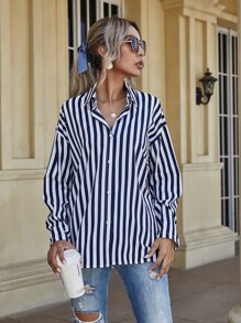 Camisa de rayas verticales de hombros caídos | Mode de Mujer Camisa de rayas verticales de hombros caídos | Mode de Mujer