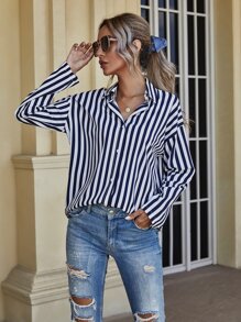 Camisa de rayas verticales de hombros caídos | Mode de Mujer Camisa de rayas verticales de hombros caídos | Mode de Mujer