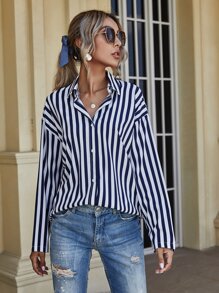 Camisa de rayas verticales de hombros caídos | Mode de Mujer Camisa de rayas verticales de hombros caídos | Mode de Mujer
