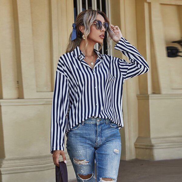

Vertical Striped Drop Shoulder Blouse, Blue and white