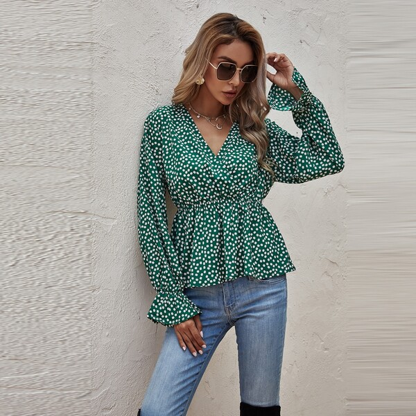 

Ditsy Floral Surplice Neck Flounce Sleeve Peplum Blouse, Green