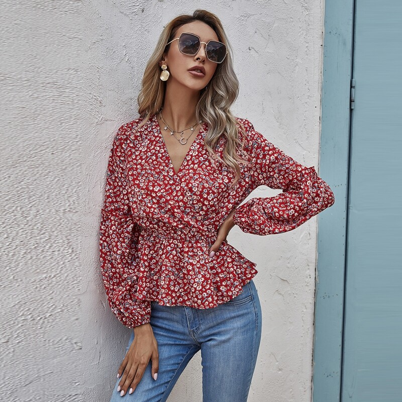 

Floral Print Surplice Neck Peplum Blouse, Maroon