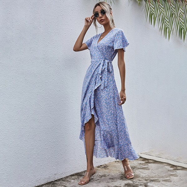 

Ditsy Floral Print Knot Side Ruffle Hem Wrap Dress, Blue