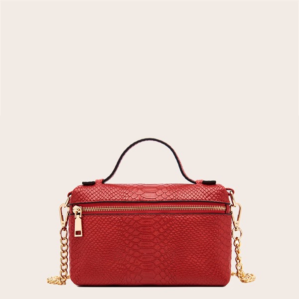 

Snakeskin Embossed Satchel Bag, Red