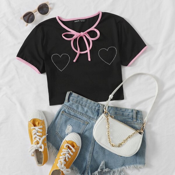 

Tie Neck Heart Rhinestone Contrast Binding Crop Tee, Black