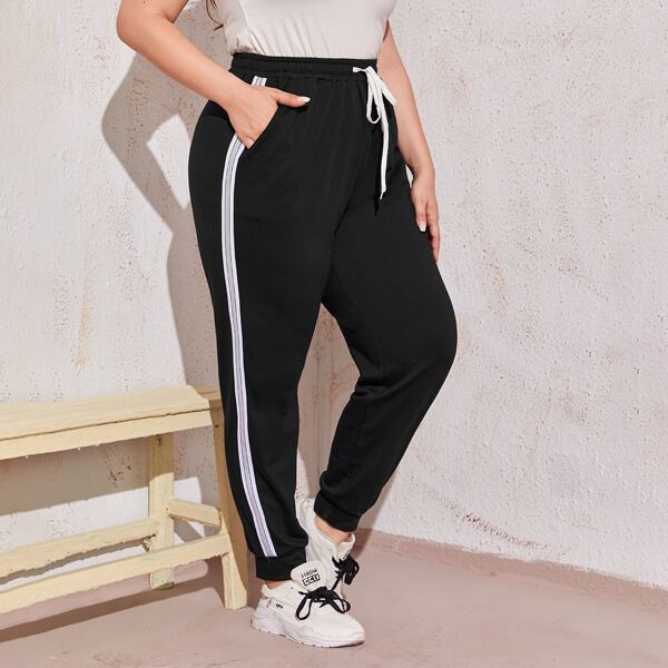 

Plus Contrast Glitter Tape Sweatpants, Black