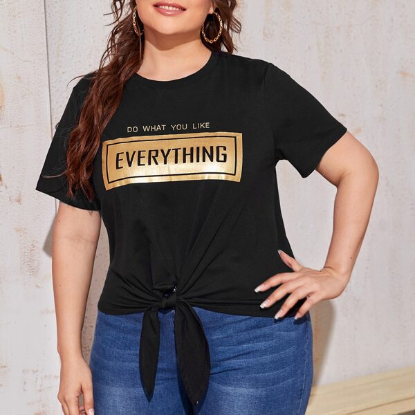 

Plus Tie Hem Gold Slogan Graphic Top, Black