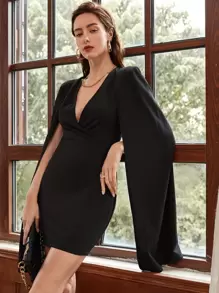 SHEIN Belle Plunging Solid Cape Dress - Black - View 4