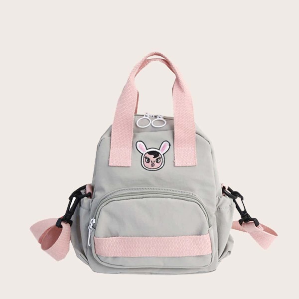 

Cartoon Embroidery Colorblock Backpack, Grey