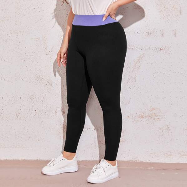 

Plus Contrast Waist Rib-knit Leggings, Black