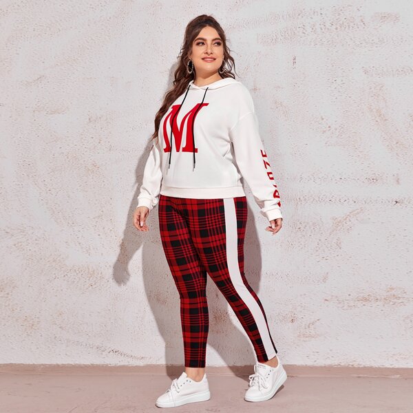 

Plus Letter Graphic Hoodie & Striped Side Plaid Leggings Set, Red and white