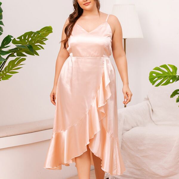 

Plus Ruffle Hem Wrap Satin Cami Night Dress, Baby pink