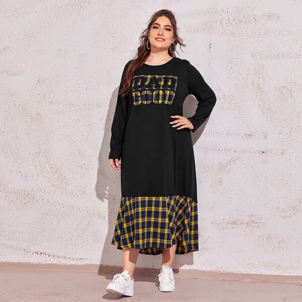 

Plus Slogan Graphic Tartan Hem Dress, Black