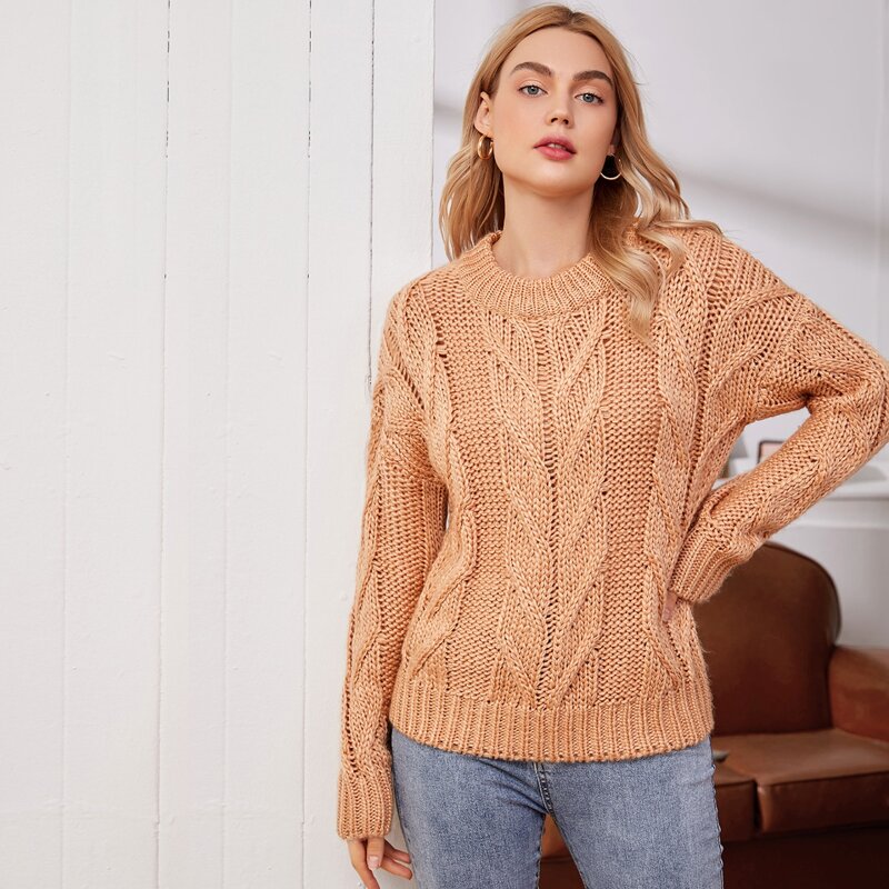 

Drop Shoulder Cable Knit Sweater, Apricot