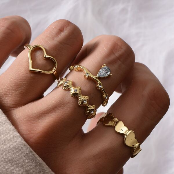 

4pcs Rhinestone & Heart Decor Ring, Gold