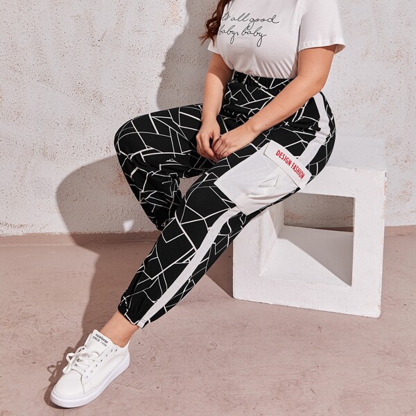 

Plus Letter Graphic Flap Pocket Striped Side Geo Joggers, Black