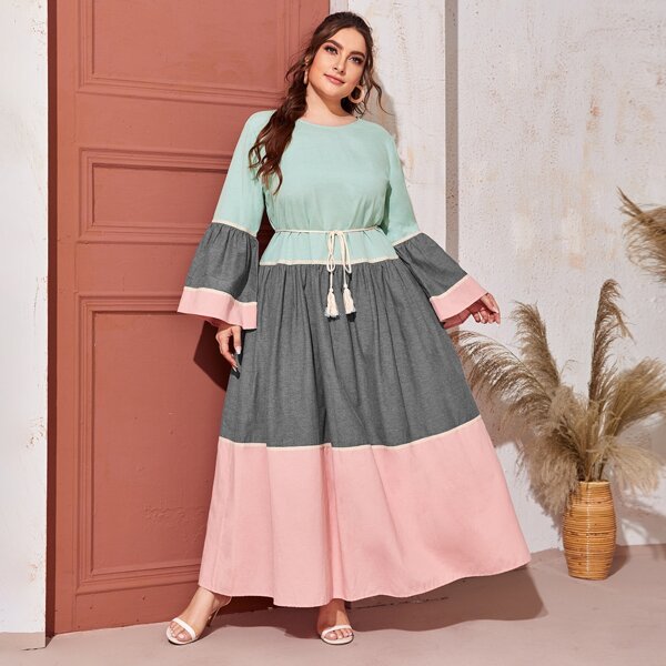 

Plus Flounce Sleeve Colorblock Dress With Tassel Belt, Multicolor