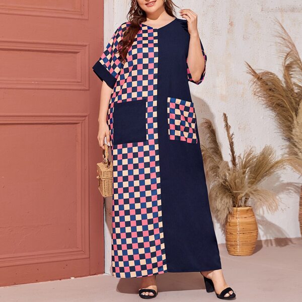 

Plus Batwing Sleeve Patch Pocket Checked Print Dress, Multicolor