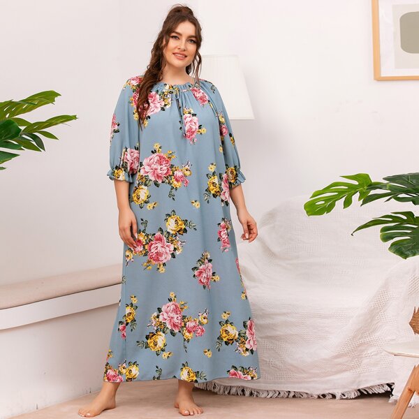 

Plus Floral Print Frill Trim Night Dress, Dusty blue