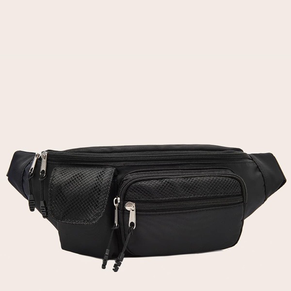 

Zipper Front Contrast Mesh Fanny Pack, Black