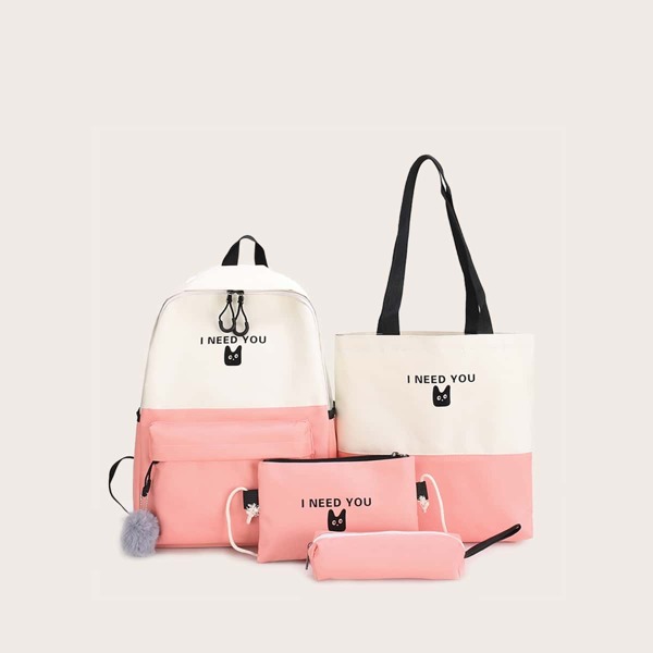 

4pcs Girls Letter Graphic Backpack Set, Pink
