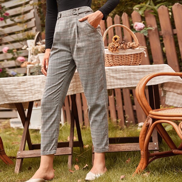 

Button Strap Waist Plaid Pants, Multicolor