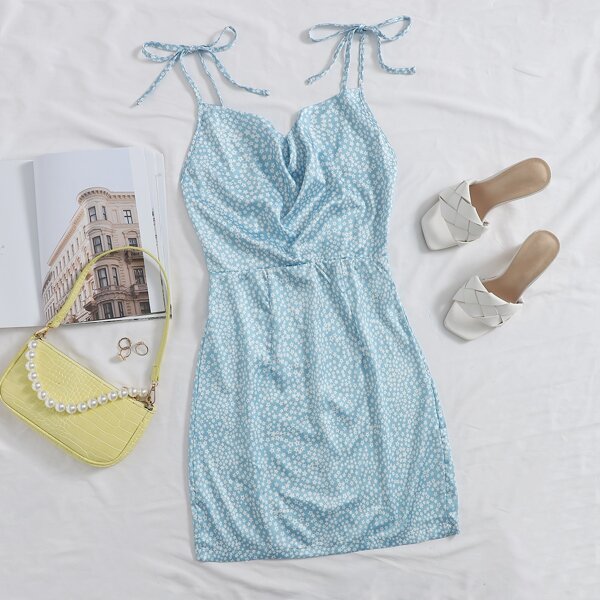 

Tie Shoulder Cowl Neck Open Back Star Satin Dress, Baby blue