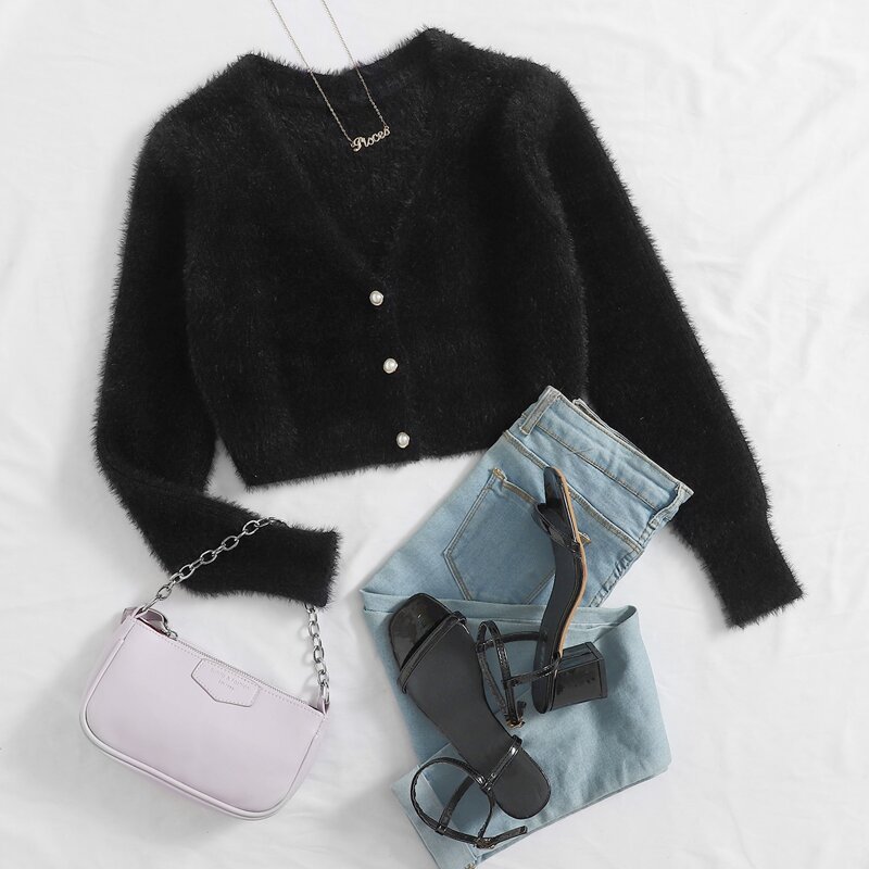 

Pearl Button Up Fuzzy Cardigan, Black