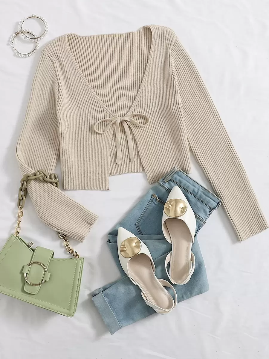 SHEIN EZwear Tie Front Rib-knit Cardigan - Khaki - View 1