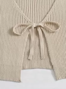 SHEIN EZwear Tie Front Rib-knit Cardigan - Khaki - View 4