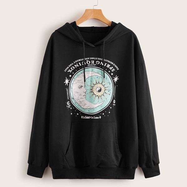 

Galaxy & Letter Graphic Kangaroo Pocket Drawstring Hoodie, Black
