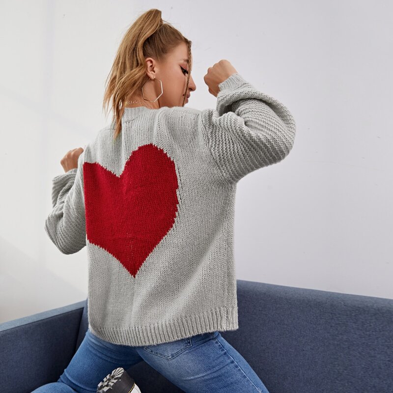 

Open Front Bishop Sleeve Heart Cardigan, Grey