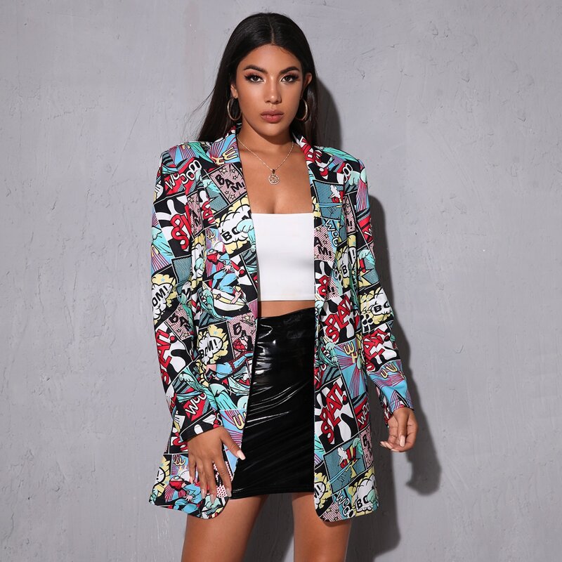 

Notched Collar Pop Art Print Single Button Blazer, Multicolor