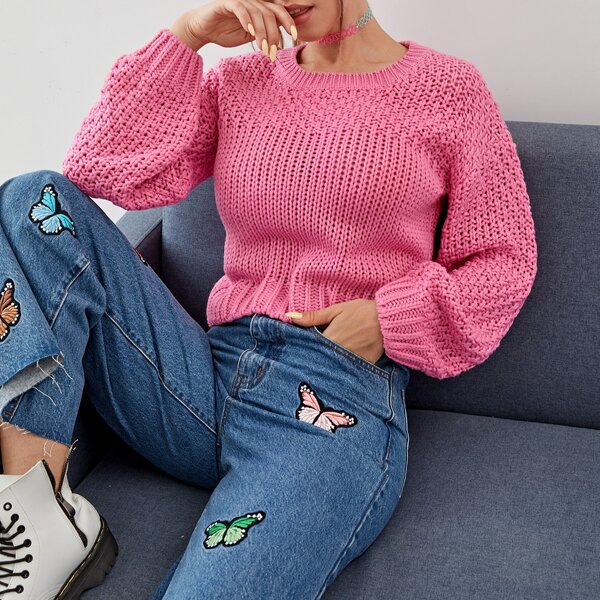 

Drop Shoulder Chunky Knit Sweater, Pink