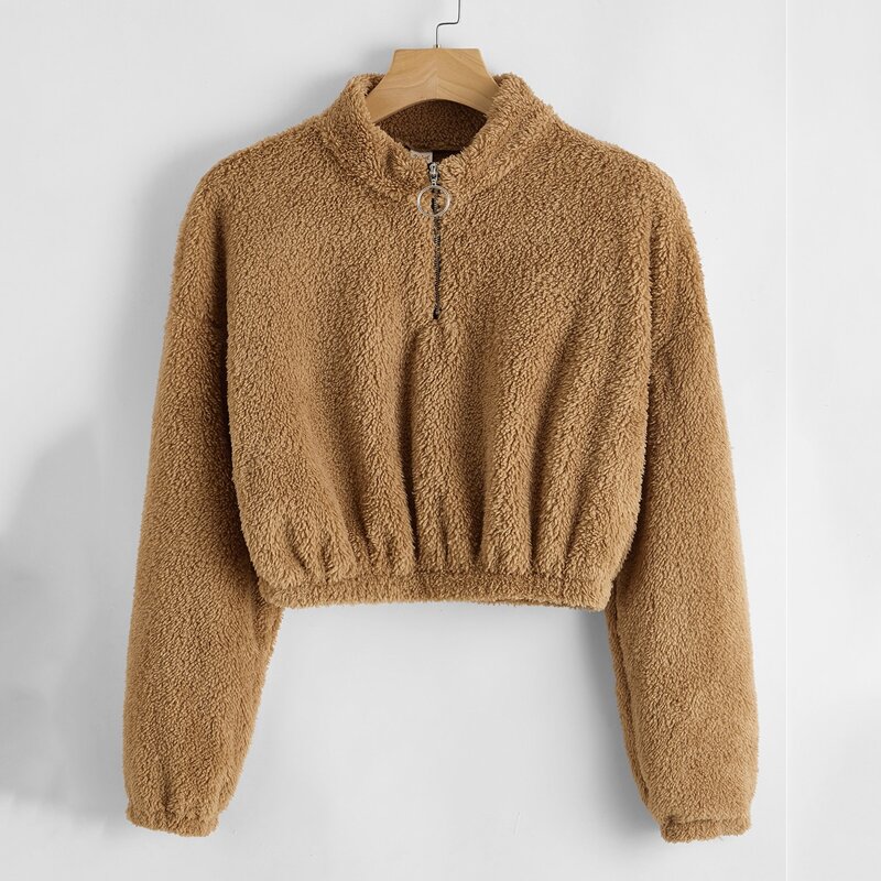 

Solid Half Zip Crop Teddy Sweatshirt, Brown