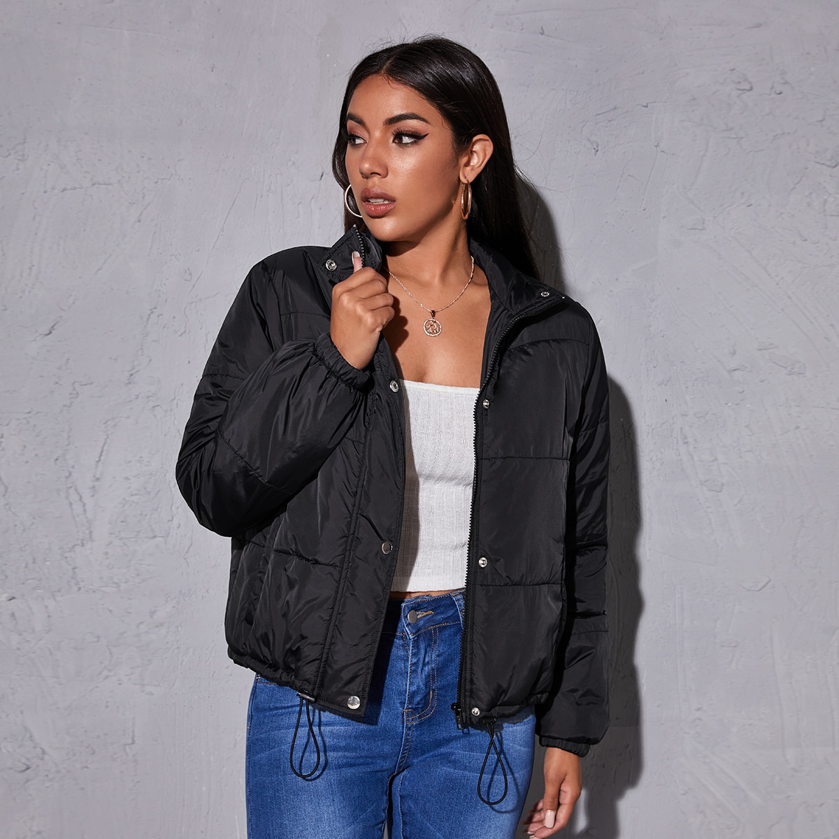 Image of Drawstring Hem Puffer Jacket