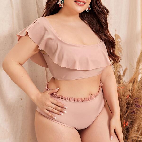 

Plus Frill Trim Flounce Bikini Swimsuit, Pastel baby pink