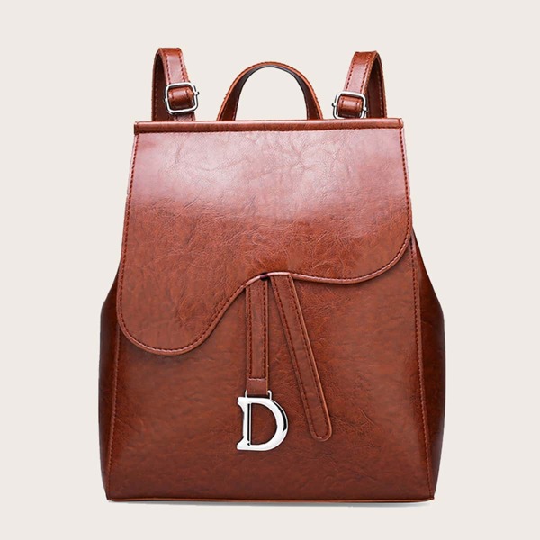 

Metal Letter Charm Asymmetrical Flap Backpack, Brown